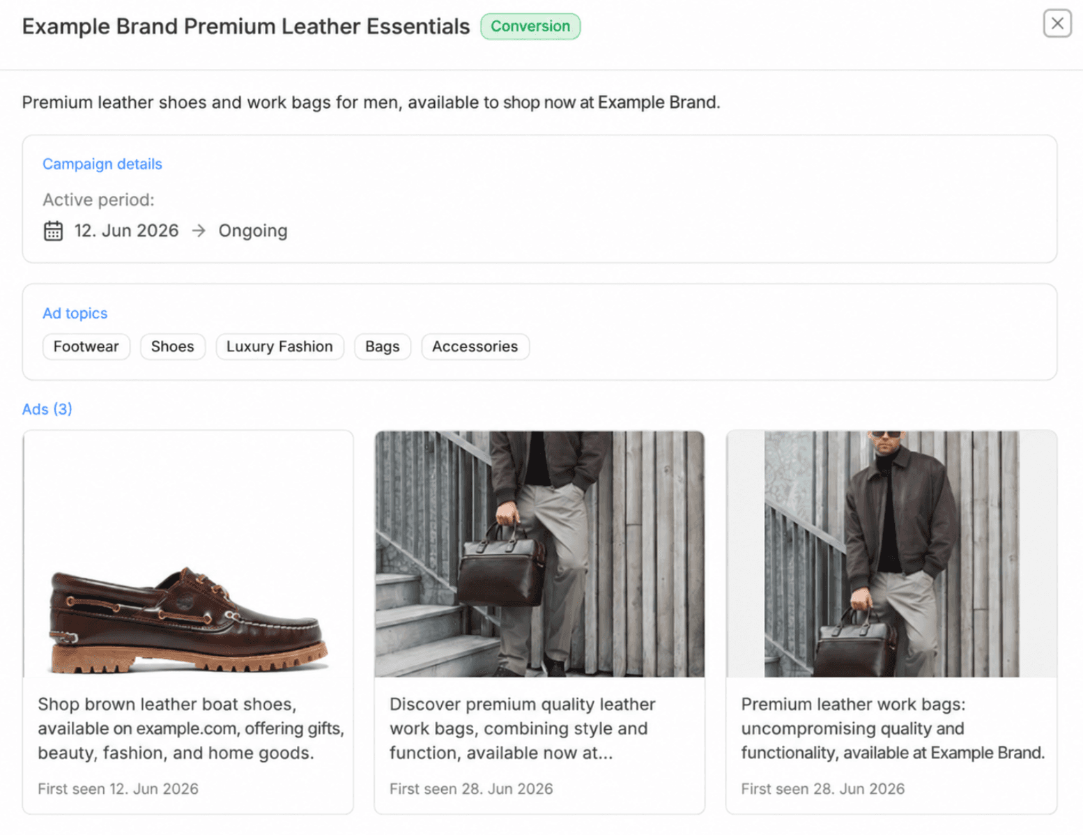 Related ads are brought together, making it easier to understand the campaign behind the individual creatives.